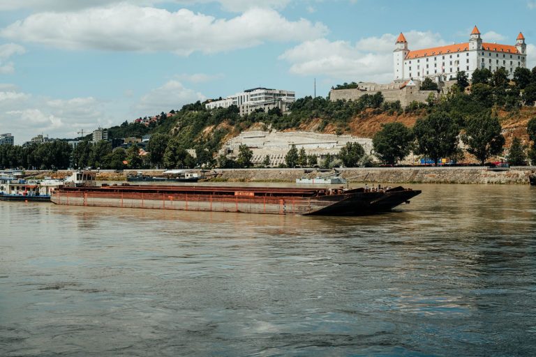 Cargo barge on the Danube river near Ukraine's Reni and Izmail ports